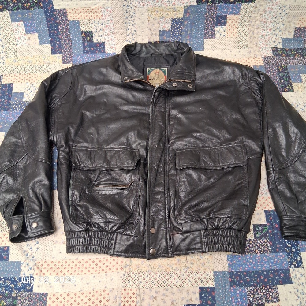 Vintage Members Only Mens Medium Black Leather Field Bomber Jacket 1990s Utility